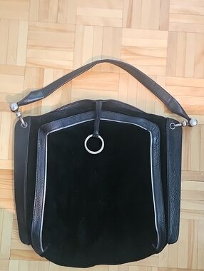 Black Suede Shoulder Tote with Silver Ring Accent